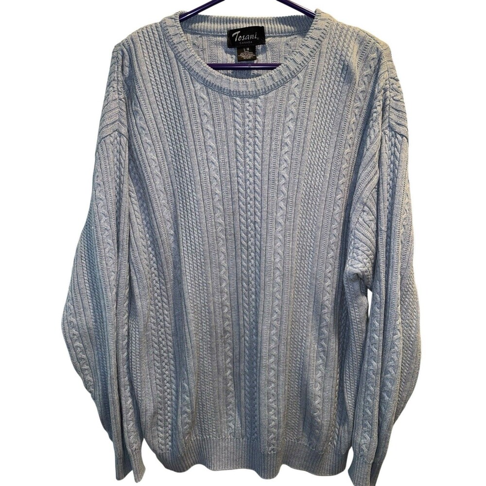 Tosani Canada Vintage Sweater Mens Large Light Blue Cable Knit Cotton Pullover